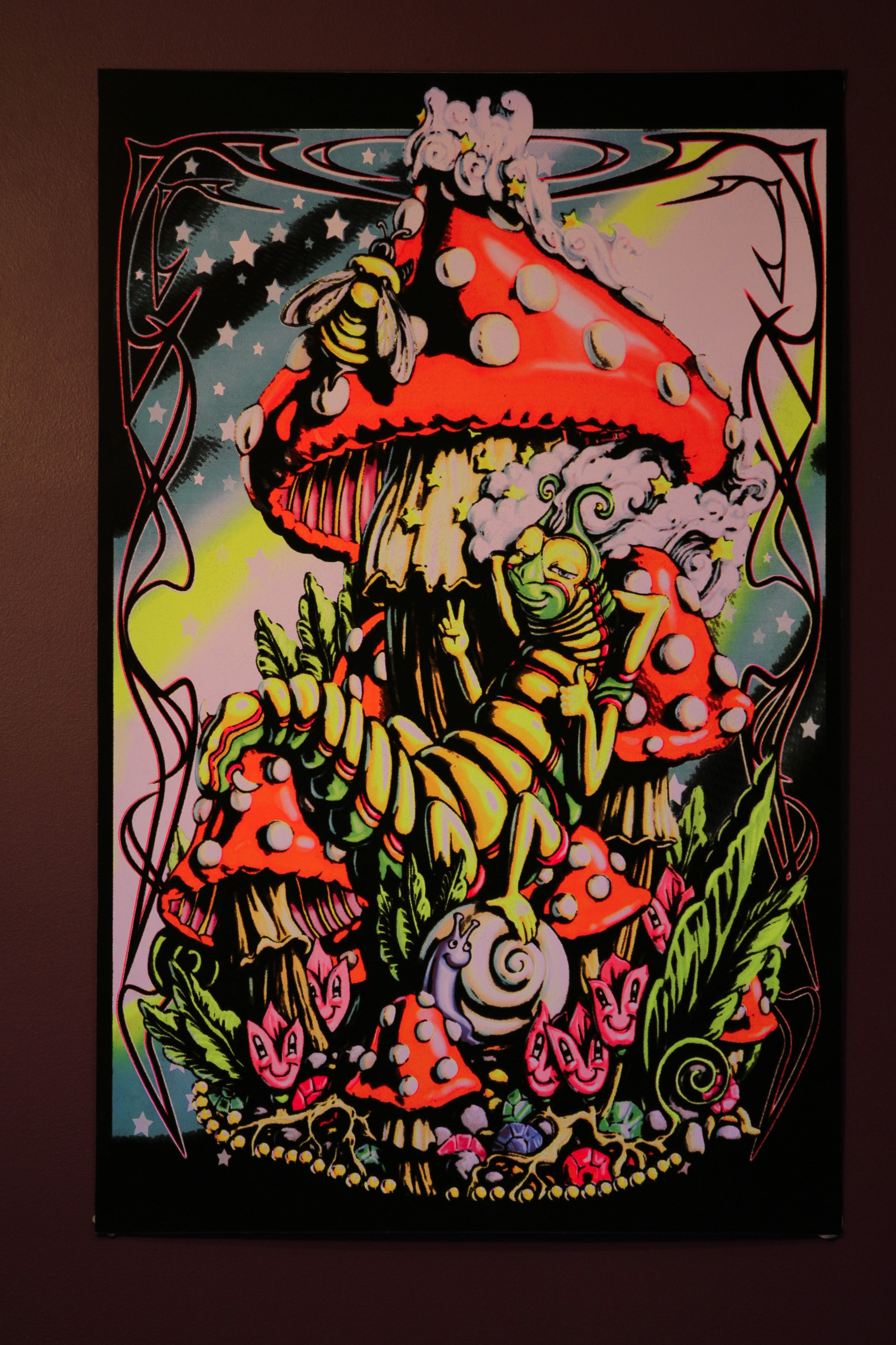 Mushroom Caterpillar Fantasy - Black Light Poster