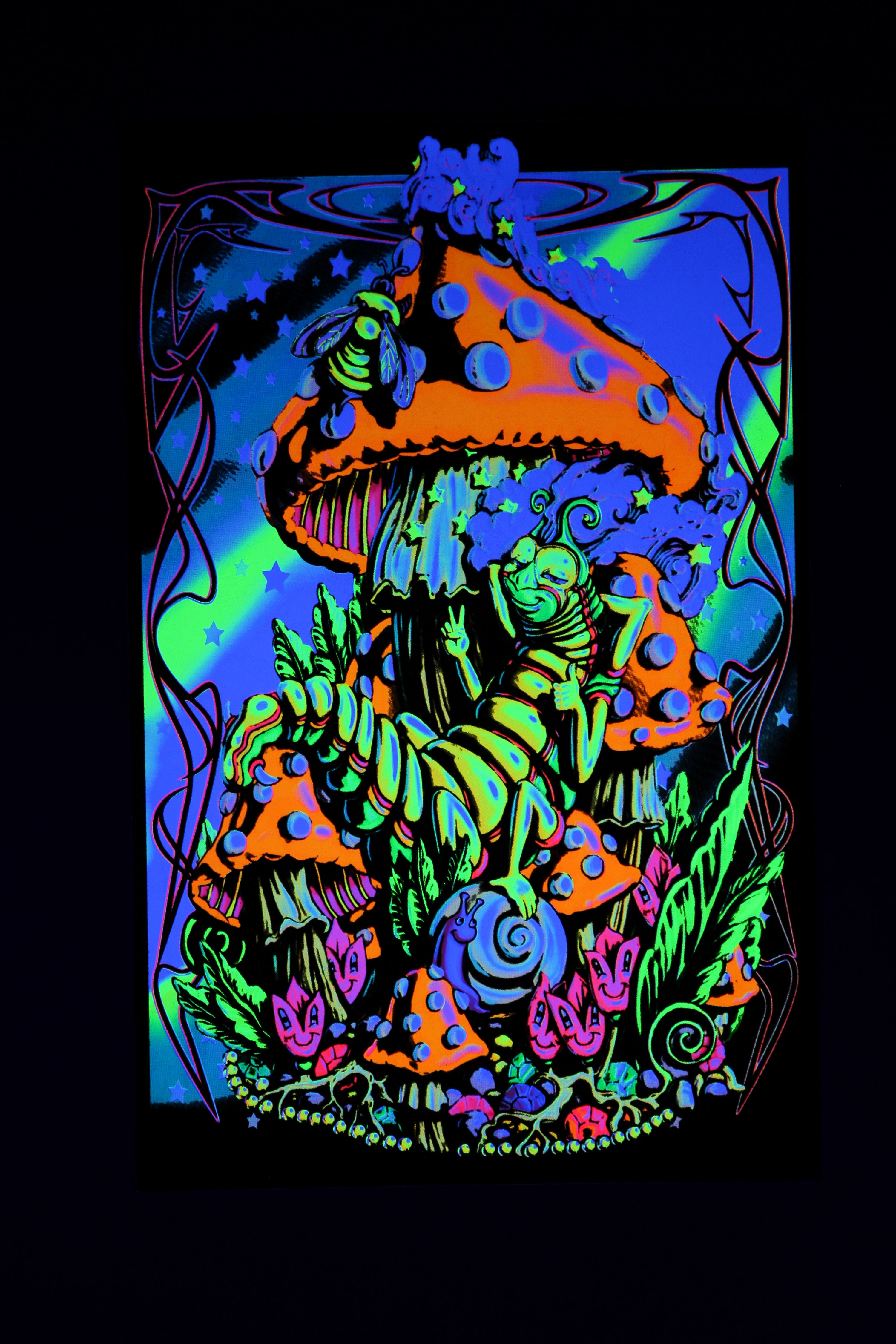 Mushroom Caterpillar Fantasy - Black Light Poster